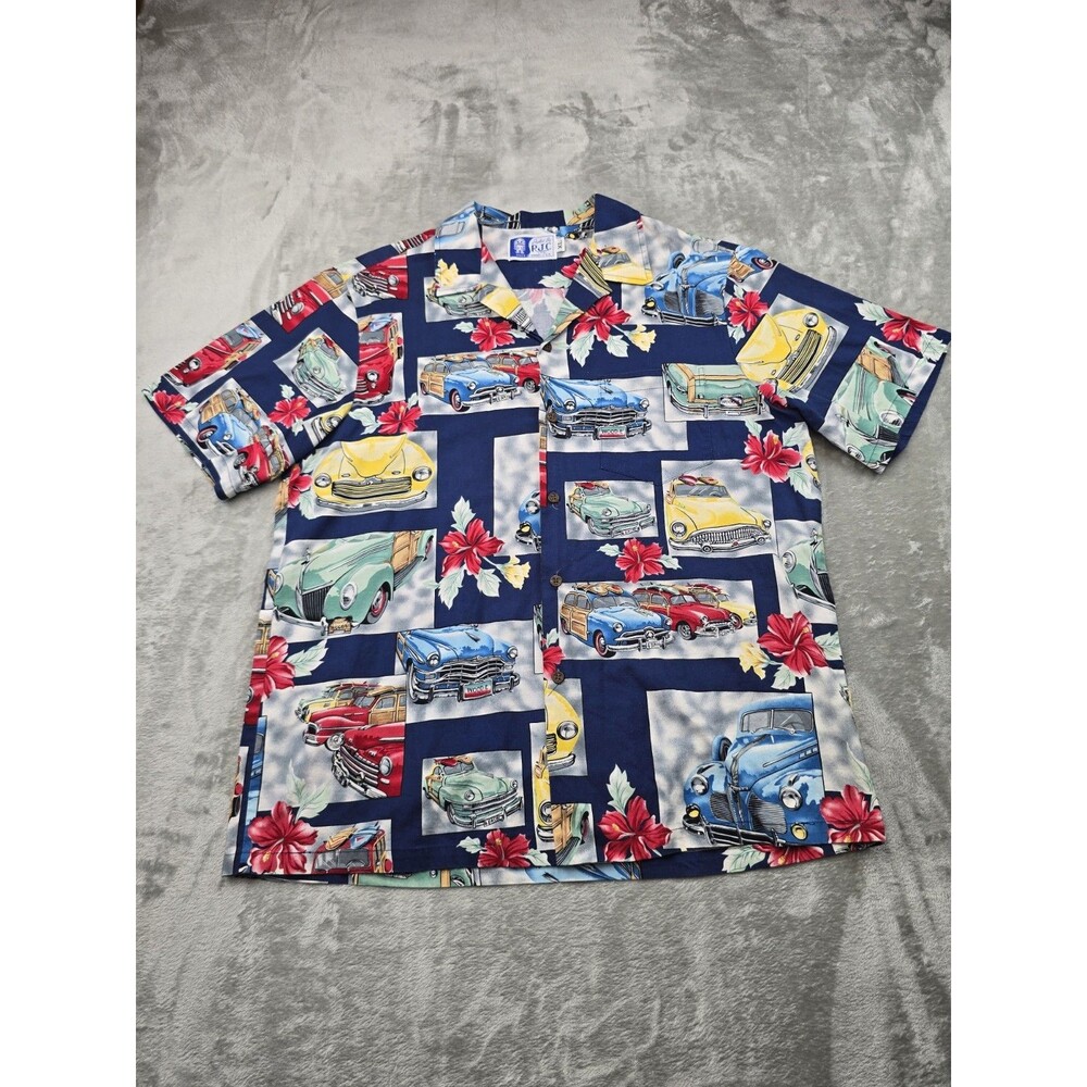 ​RJC Hawaiian Shirt Mens XL Blue Classic Cars Woodie Surf Cotton Button Up Beach